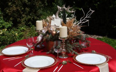 Elegance Redefined: Capri Red Tablecloth & Gold Napkins for the Perfect Christmas Celebration